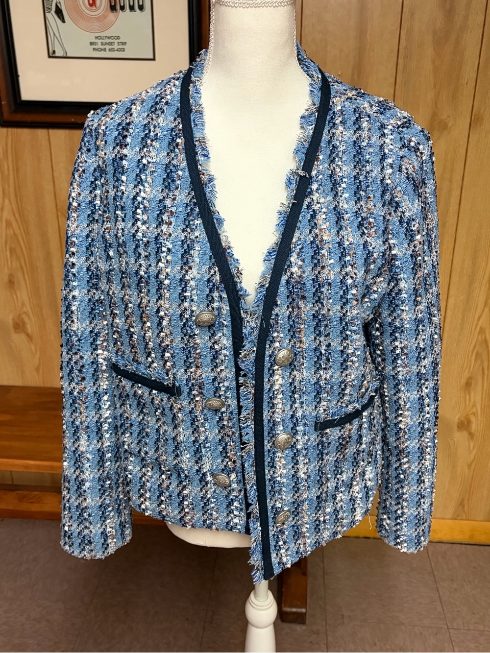 Express Blue & Black Boucle Eyelash Tweed Blazer Size L